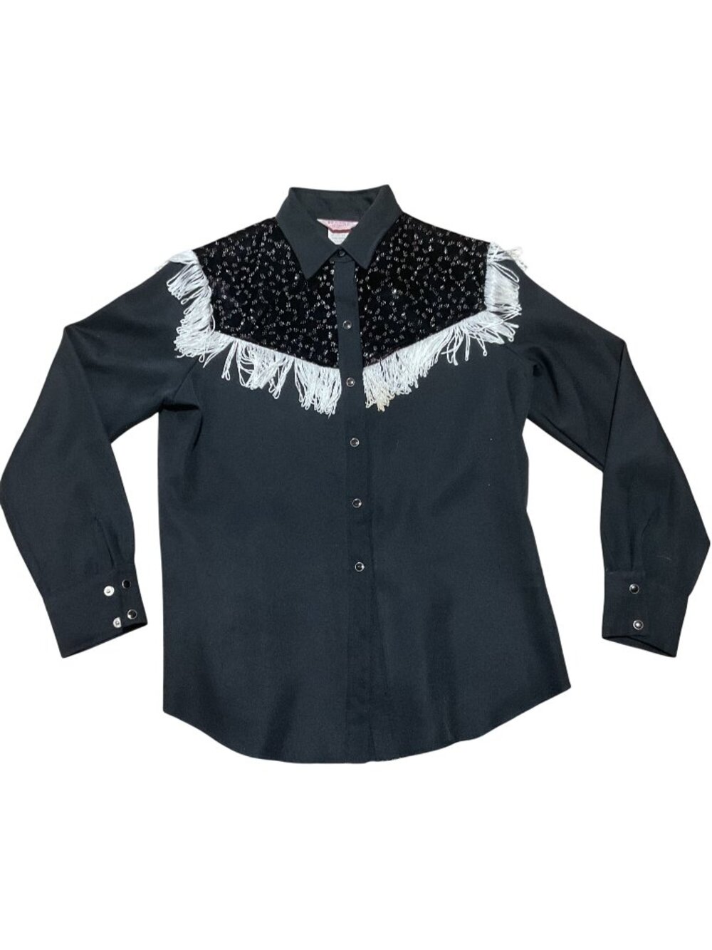 Vtg 70s H Bar C California Ranchwear Sylvia M Black Western Fringe Bling Shirt U